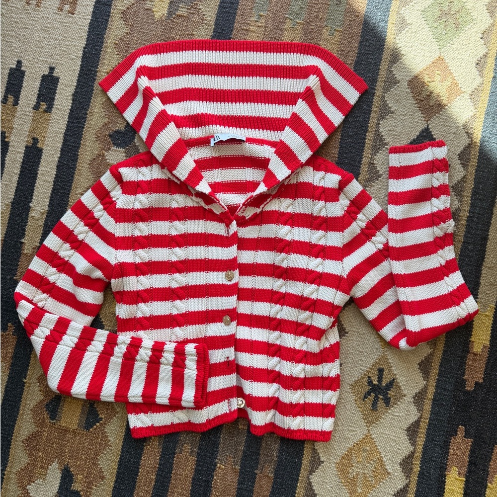 Zara Red and White Striped Women's Jacket